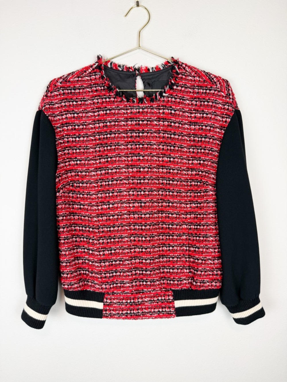 J. Crew Collection Red Black Tweed Pullover Bomber Sweater Wool Size 0